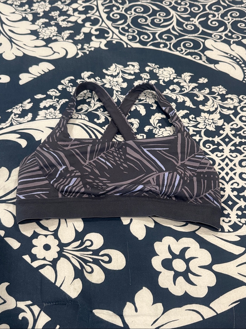 Patagonia Black Sports Bra with Subtle Lavender-Gray Print